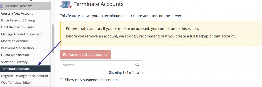 terminate account WHM