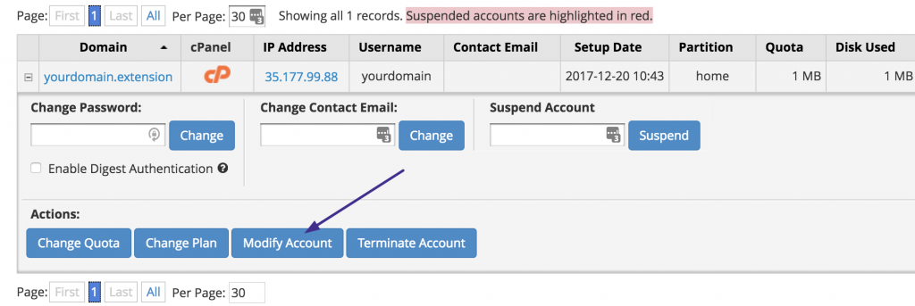 modify email account whm