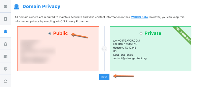 Disable Domain Privacy HostGator